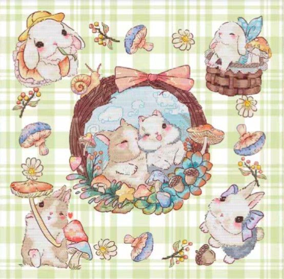 クロスステッチキット ラブラブ兎 (11CT、図案印刷あり)
