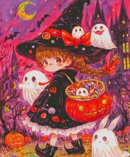 クロスステッチキット 少女とオバケたちのハロウィン (11CT、図案印刷あり)