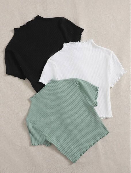 新品 リブニット 半袖 Tシャツ フリル 無地 夏 ギャル インナー 重ね着 薄手 ブラック 夏コーデ カジュアル レディース M