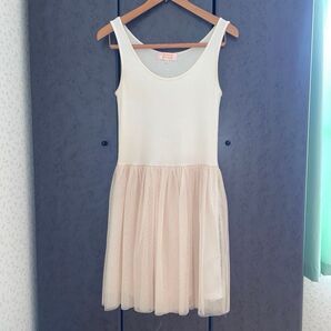 リブタンクトップ×チュールスカート ドッキングワンピース ノースリーブ ベージュ 膝丈 ワンピース