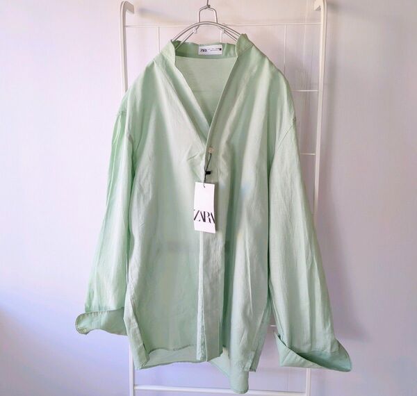 2点以上購入5-20%off ザラ リネンシャツ ミントグリーン 長袖 大人の■シャツ ヘンリーネックシャツ S〜M