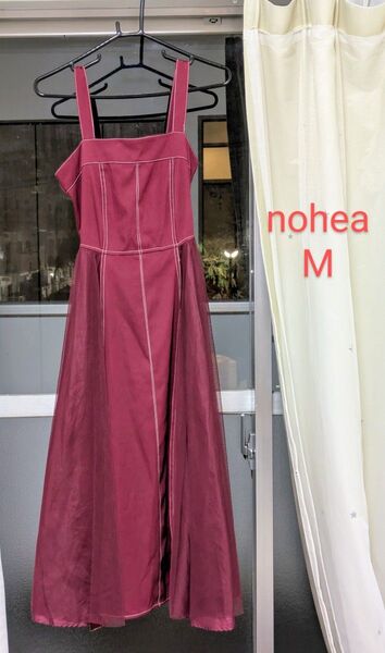 クーポン利用1000円 宅急便 nohea ロングワンピース Mサイズ ワインレッド リボン レース シフォン ガーリー 異素材