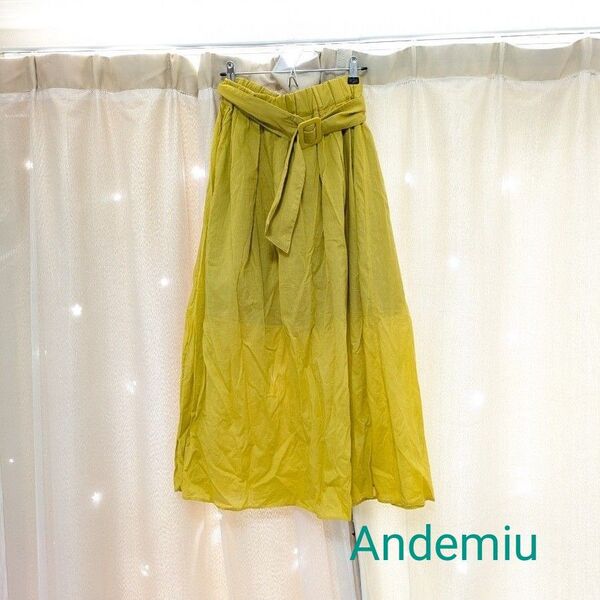 クーポン利用300円 新品ネコポス Andemiu ウエストゴム ロングスカート イエロー 春夏 フリーサイズ マスタード からし