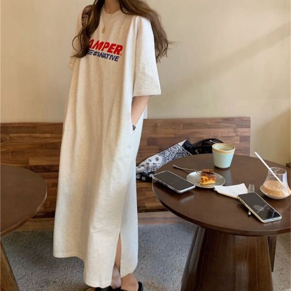 【人気】ワンピース チュニック Tシャツ ロング丈 ホワイト(フリーサイズ)/カジュアル 女性 セール 送料無料 夏 スリット