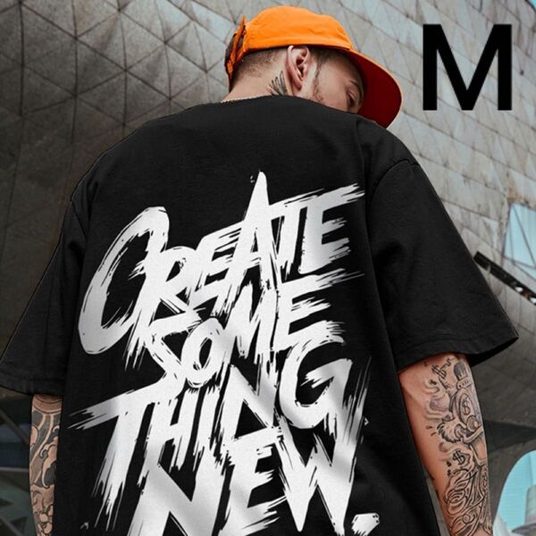 【人気】ストリート ビックロゴ Tシャツ(M)/ビックシルエット バック プリント ブラック 黒 セール 送料無料