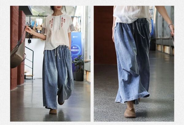 【新品/再入荷】デニム ワイドレッグ ワイドパンツ ジーンズ ガウチョパンツ/女性 韓国 プリーツスカート 体型カバー 美脚