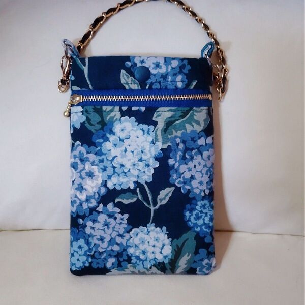 アジサイ 花柄 紫陽花 スマホポーチ スマホショルダー ハンドメイド ネイビーブルー フラワー サコッシュバッグ ポシェット