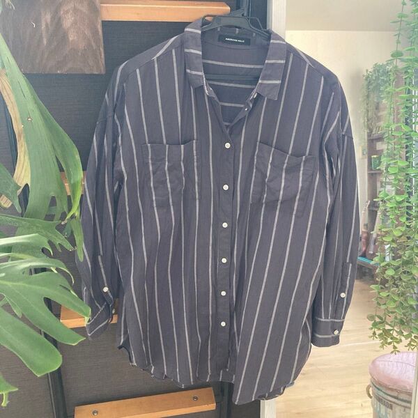 AMERICAN HOLIC ストライプシャツ フリーサイズ チャコールグレー 両胸ポケ