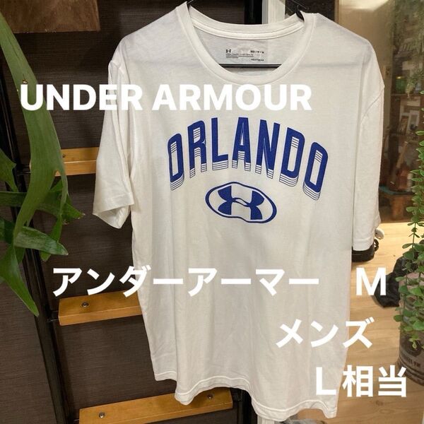 UNDER ARMOUR アンダーアーマー Tシャツ メンズ M ホワイト ORLANDO L相当 バックロゴ 古着好きにも