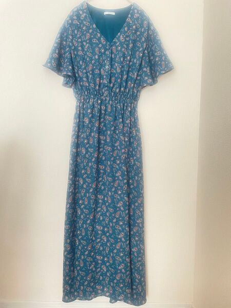 マキシ丈 ワンピース 半袖 ペイズリー グリーン 深緑 ロングワンピース Sサイズ