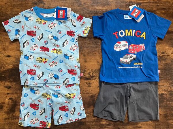 トミカ パジャマ 半袖 Tシャツ 新品 100センチ 消防車 救急車 パトカー はたらくくるま 男の子 セットアップ
