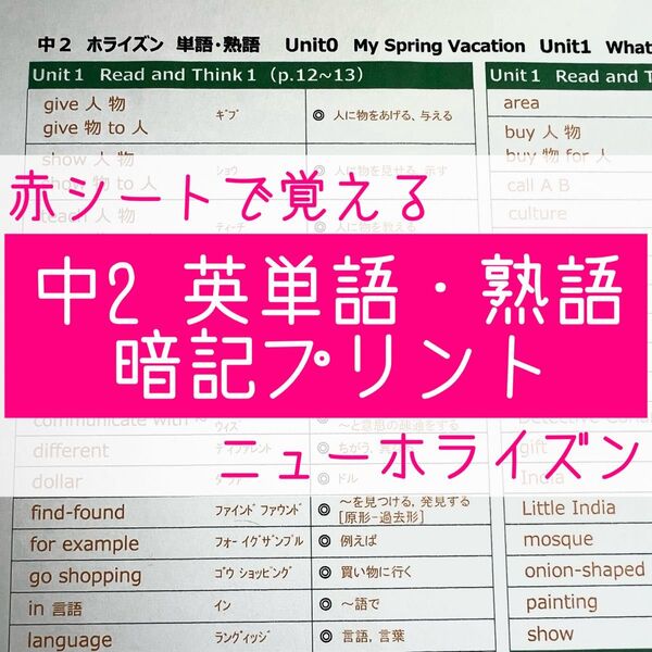 中2英語 英単語・熟語 暗記プリント(ニューホライズン)★定期テスト・受験対策