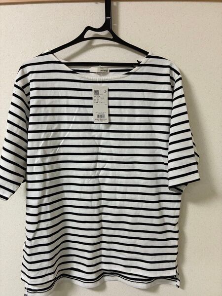 シューラルー 5分袖ボートネックトップス ボーダー Tシャツ ホワイト