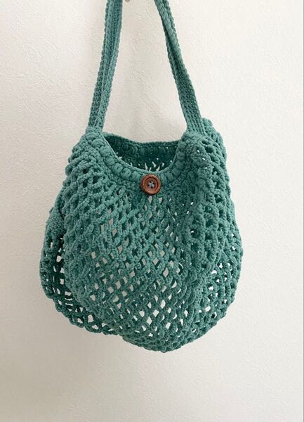 【ハンドメイド】 手編みマルシェバッグ ボタン付き メッシュ トート グリーン ハンドバッグ