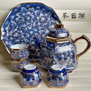 金彩牡丹 金襴手 ティーポット カップ 飾り皿 6点セット 急須 茶器セット