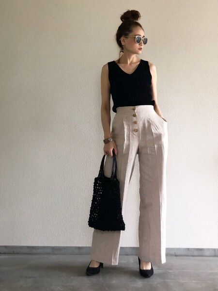 Auntie Rosa ハイウエスト 前ボタン リネン ワイドパンツ ベージュS