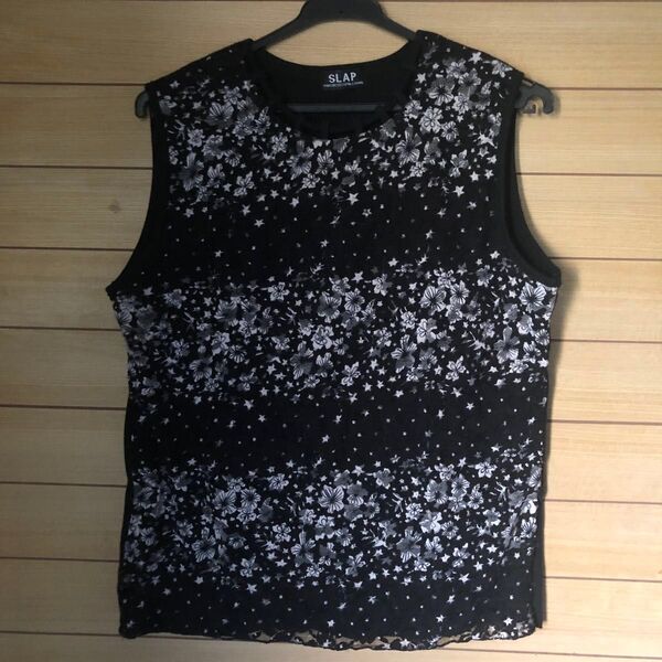 トップス ノースリーブ タンクトップ 黒 レース 二重 花柄 モノトーン ノースリーブカットソー Tシャツ