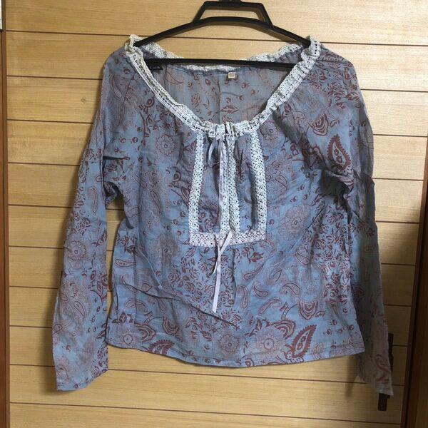 インド製 綿 コットン 長袖 カットソー ブラウス M Tシャツ 薄手 涼しい ペイズリー柄 レース リボン