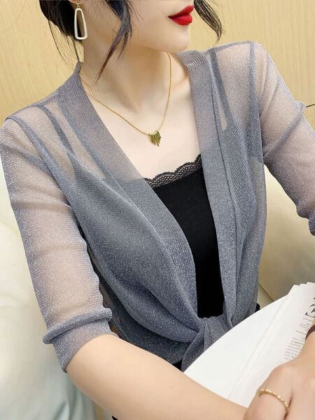ラメ入り カーディガン グレー ボレロ 結婚式 可愛い 夏 ドレス 人気 七分丈