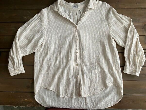 GLOBAL WORK FRENCH LINEN ストライプシャツ ベージュ Lサイズ
