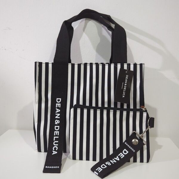 タイ バンコク DEAN&DELUCA ストライプ トート ブラック ディーンアンドデルーカ ポーチ付き 海外限定