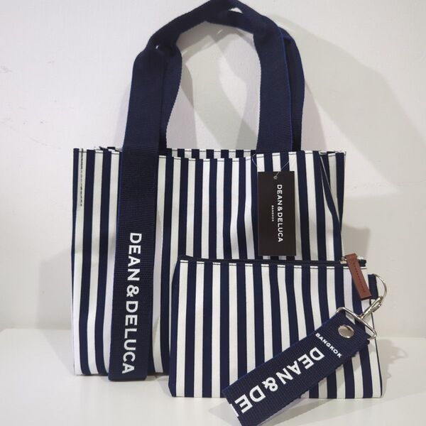 タイ バンコク DEAN&DELUCA ストライプ トート ネイビー ディーンアンドデルーカ ポーチ付き 海外限定