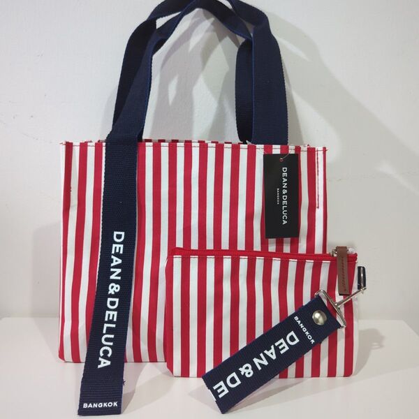 タイ バンコク DEAN&DELUCA ストライプ トート レッド 赤 ディーンアンドデルーカ ポーチ付き 海外限定