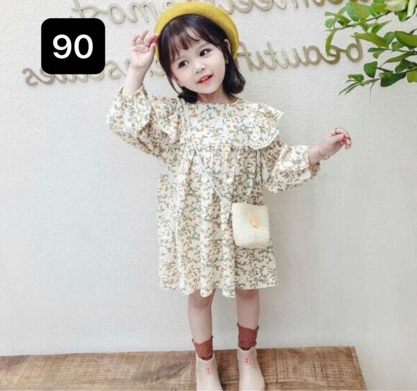 女の子 花柄ワンピース フリル襟 90サイズ 春 春服 花柄 アイボリー 残りわずか