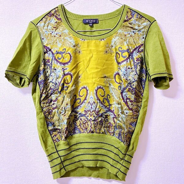 エトロ ETRO 半袖 ニット スカーフ柄 ペイズリー シルク グリーン 44