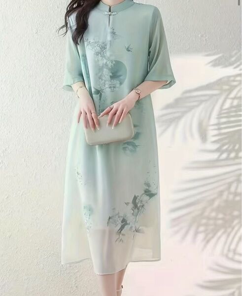 中国風ワンピース フローラドレス フロッグボタン 軽量ポリエステル 半袖Aラインドレス ミントグリーン Lサイズ