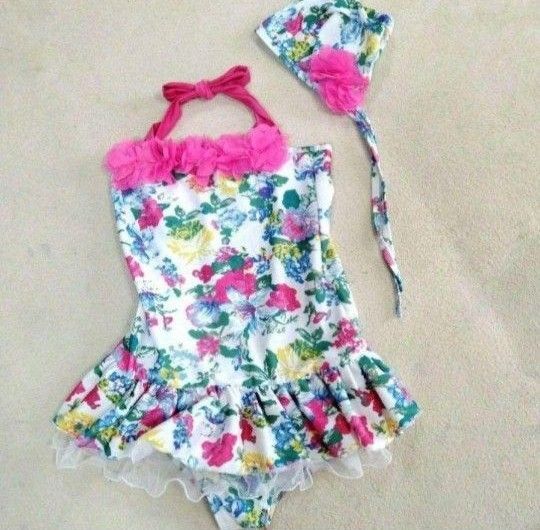 120-130 花柄かわいい女の子水着 ワンピース 帽子付き スイムウェア 女子 子供