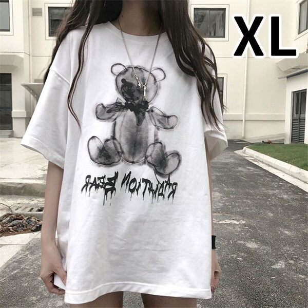地雷系 半袖Tシャツ 病みかわ くま ベア モード ストリート メンヘラ ホワイト 白 かわいい プリントTシャツ