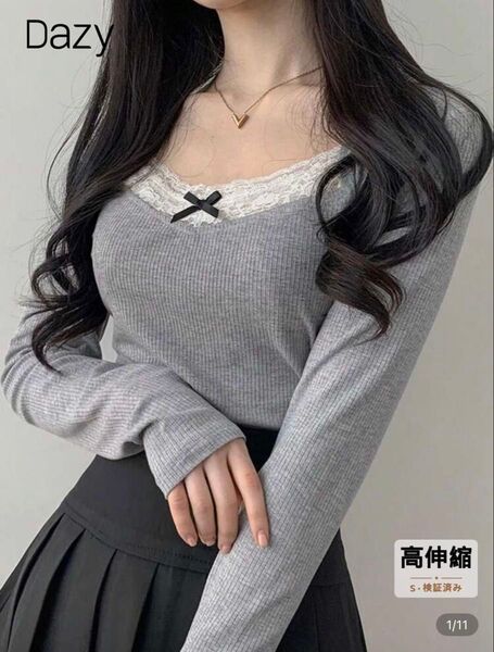 DAZY ウィメンズリボンディテール コントラストレース ベーシックTシャツ、春夏。