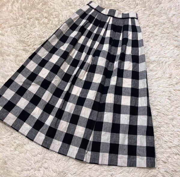 【美品】ルクールブラン リネン混 ギンガムチェック ロングスカート レディースM