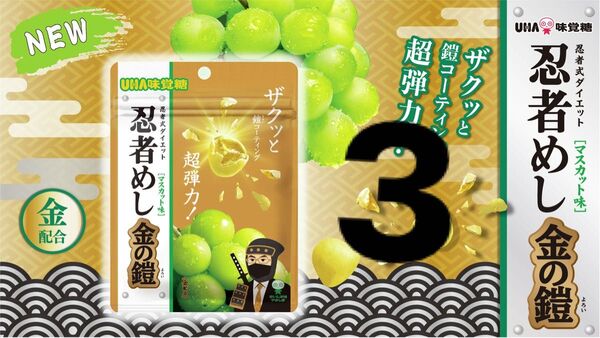 金運up?!超弾力!近畿限定の忍者めし 金の鎧 マスカット3袋セット ハードグミ 値引き対応不可/カテゴリ相談可