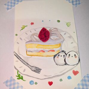 手描き 水彩画 ショートケーキとシマエナガ A6サイズ