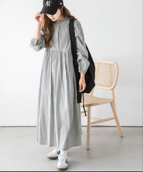 ネット完売品 ストライプワンピース ロングワンピース ギャザーシャツワンピース La-gemme ラジェム 春夏