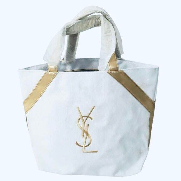 レア【美品YSL】イヴサンローラン キャンバス トートバッグ ゴールド ホワイト