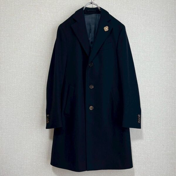 【高級】美品 LARDINI ヘリンボーン チェスターコート ネイビー 46