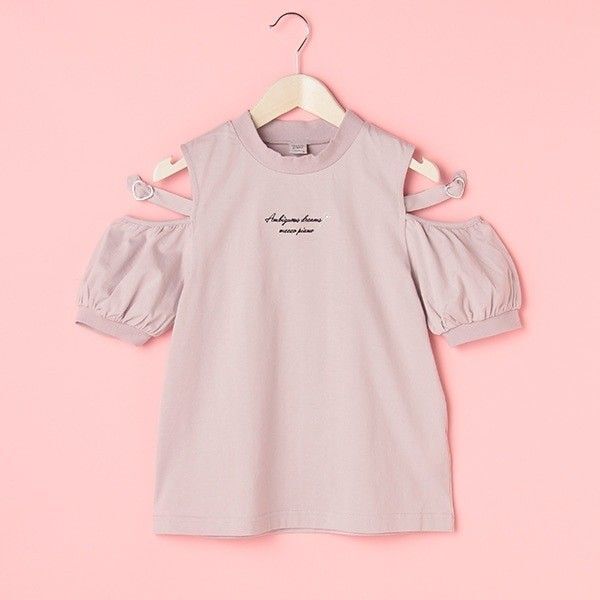 メゾピアノジュニア ハートバックル肩開きパフ袖TシャツM150 140 ピンク