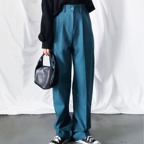 【美品】me+em select 太ベルトハイウエストカラータックスラックス ダークグリーン