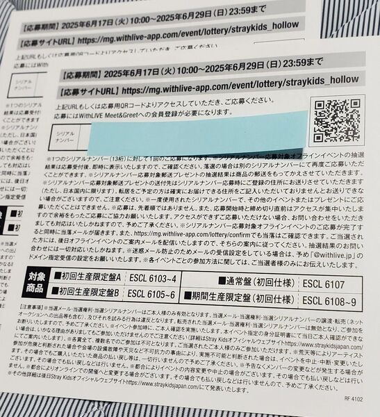 Stray Kids Hollow 発売記念購入者応募特典 シリアルナンバー 2枚 未使用 スキズ
