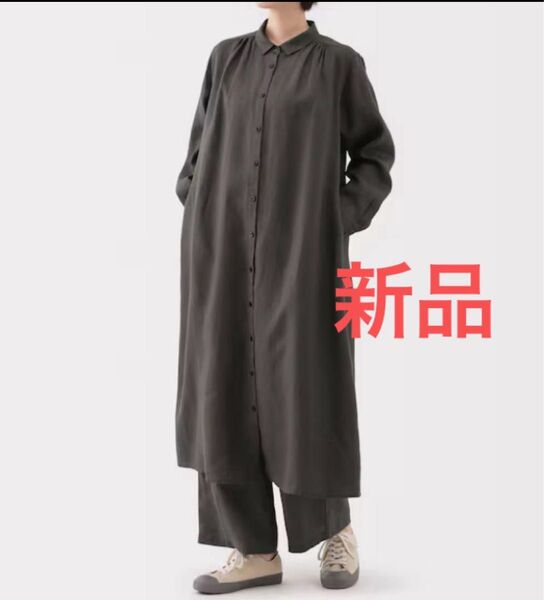無印良品 婦人 リネン 洗いざらし長袖シャツワンピース XL チャコールグレー ワンピース