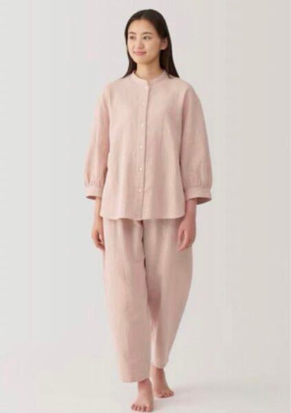 新品 婦人 ふんわりしぼガーゼ スタンドカラー 八分袖パジャマ M ピンク パジャマ 無印良品 オーガニックコットン