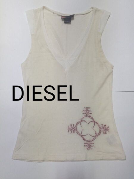 DIESEL 麻20% 表記サイズs 日本サイズM イタリア製 ベージュ ノースリーブ タンクトップ トップス 刺繍