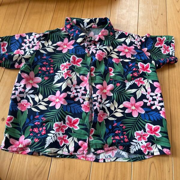 アロハシャツ キッズ 半袖シャツ 花柄 ネイビー ピンク 120 レーヨン 100%