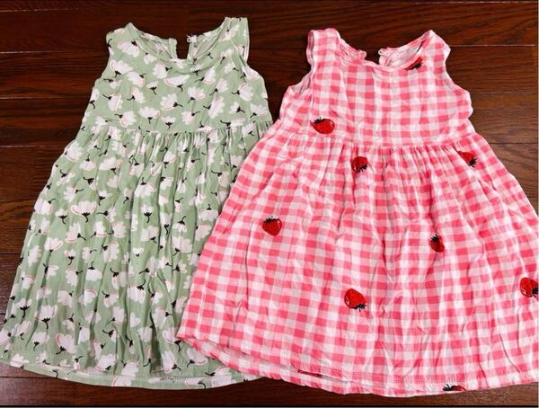 ミントグリーン ピンク ワンピース チュニック 2枚セット 90 95 女の子 カットソー シャツ 2点 セット売り まとめ売り