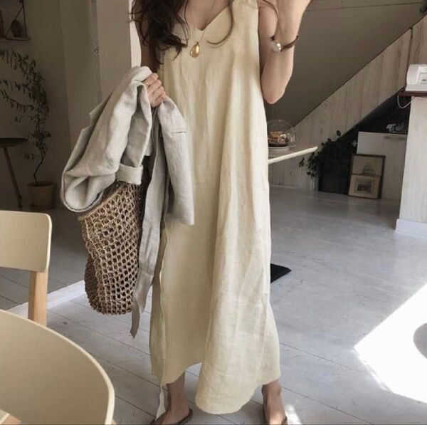 【美品】JUNOAH 麻レーヨンキャミソールマキシ丈ワンピース