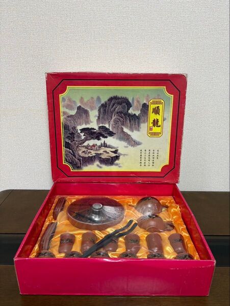未使用 中国茶器セット 急須 茶器 湯呑 茶托 箱付 レトロ 茶器セット 中国 検索ワード 【 台湾 古物 】