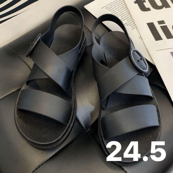 24.5 スポーツサンダル ブラック 黒 カジュアル 美脚 プール 海 アウトドア フラット ぺたんこ 軽量 疲れにくい